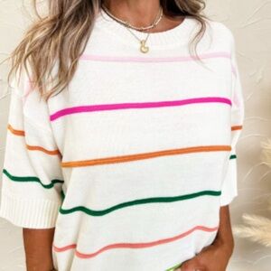 NWOT White Colorblock Striped Half Sleeve Drop Shoulder Sweater